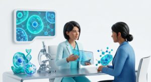 산부인과 의사와 환자의 의학적 상담 장면 3D 일러스트